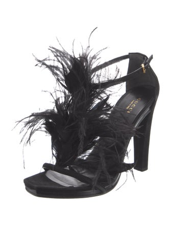 Gucci Suede Feather Trim T-Strap Sandals