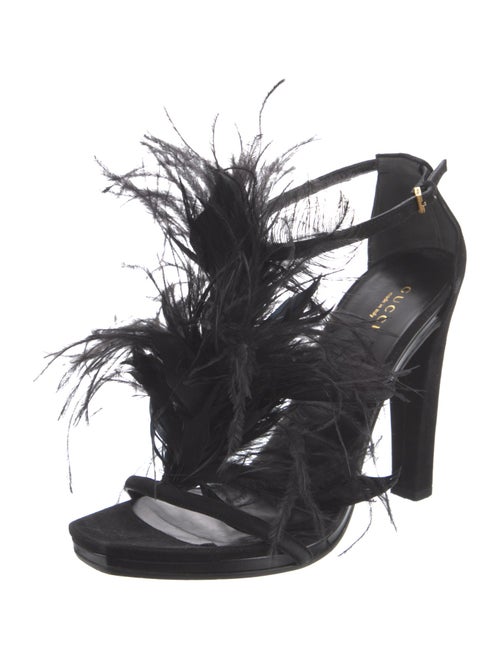 Gucci Suede Feather Trim T-Strap Sandals