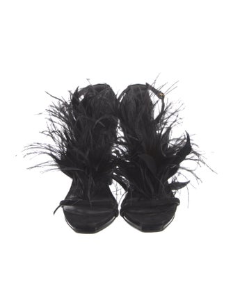 Gucci Suede Feather Trim T-Strap Sandals