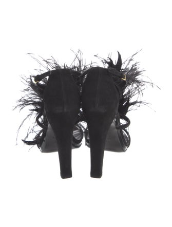 Gucci Suede Feather Trim T-Strap Sandals