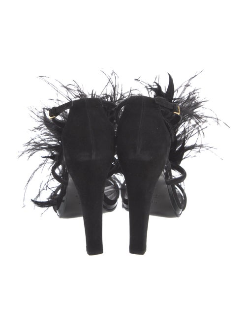 Gucci Suede Feather Trim T-Strap Sandals