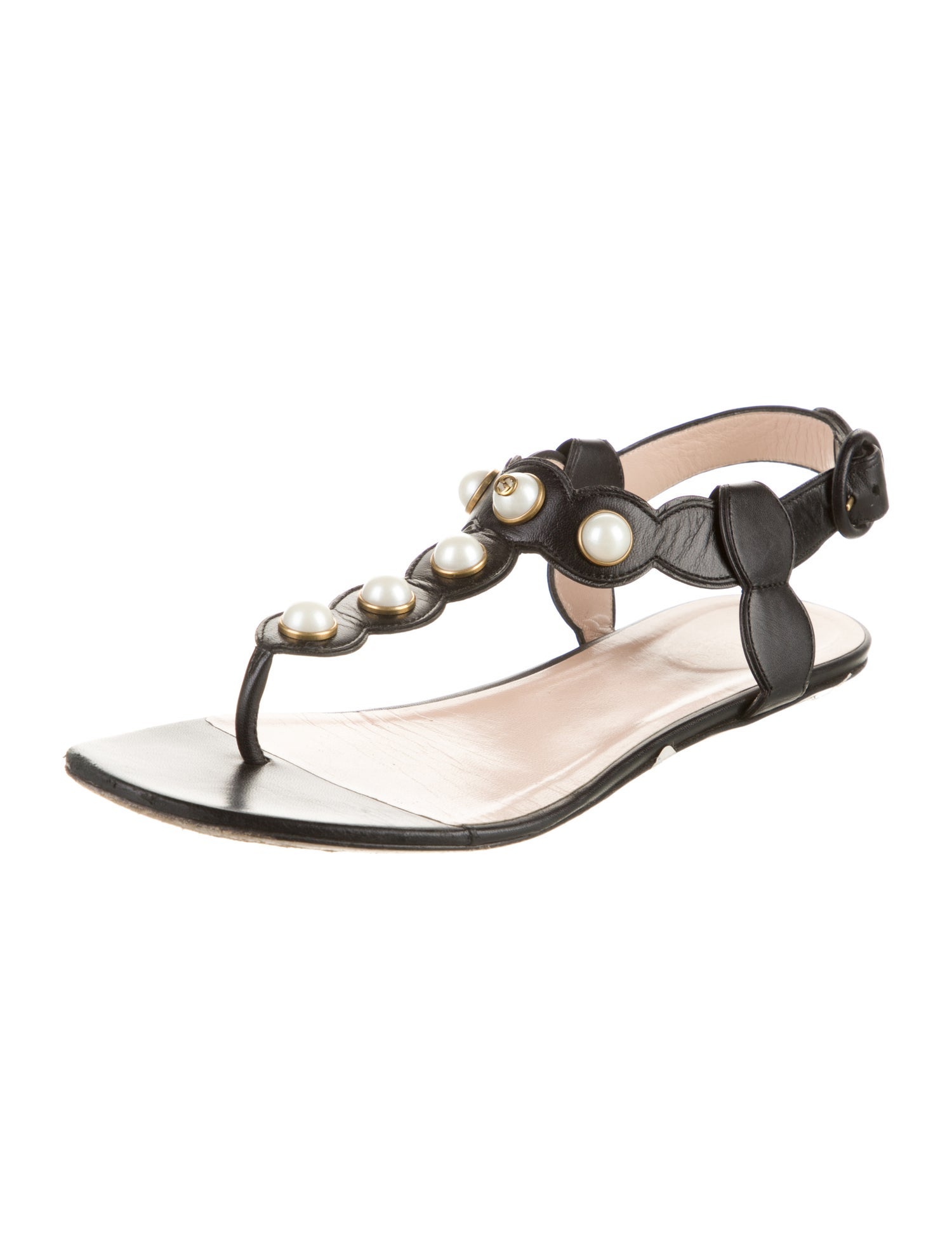 Gucci Faux Pearl Accents Leather T-Strap Sandals
