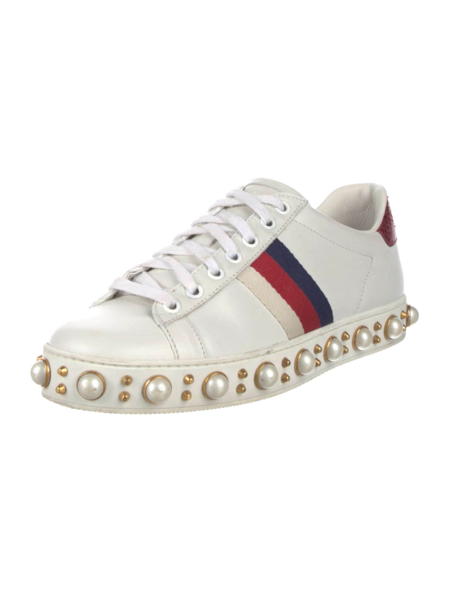Gucci Faux Pearl Accents Leather Sneakers