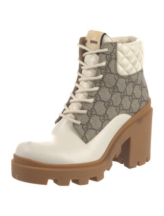 Gucci GG Supreme Leather Trim Embellishment Lace-Up Boots