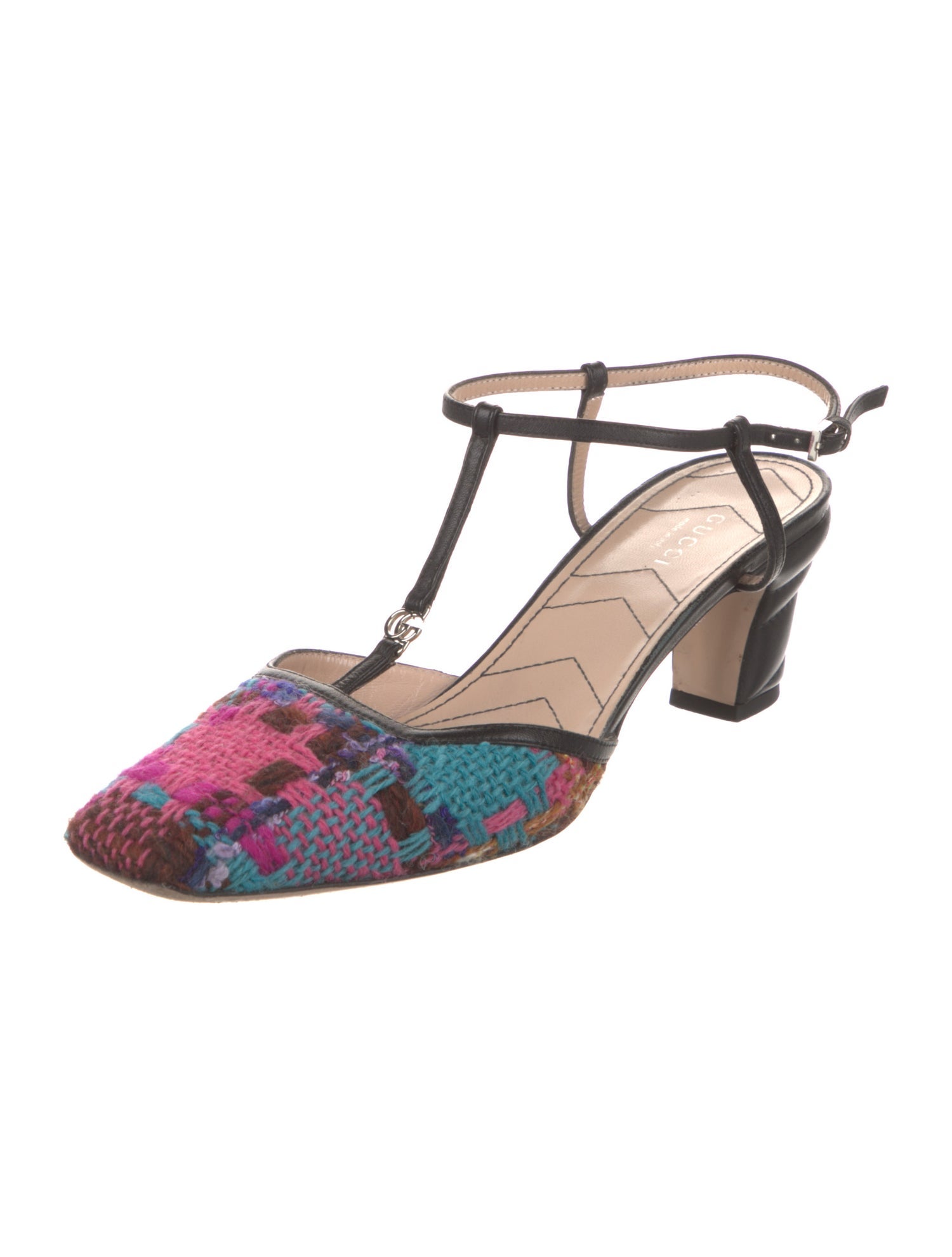 Gucci Double G Logo Leather Trim Embellishment T-Strap Pumps