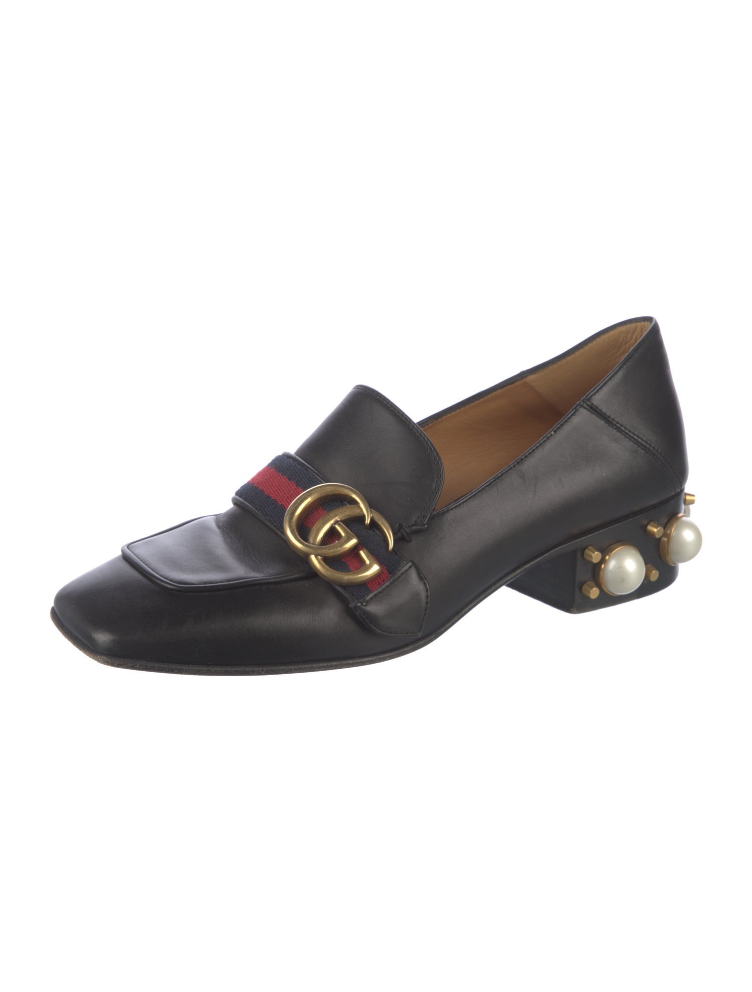 Gucci Faux Pearl Accents Leather Loafers