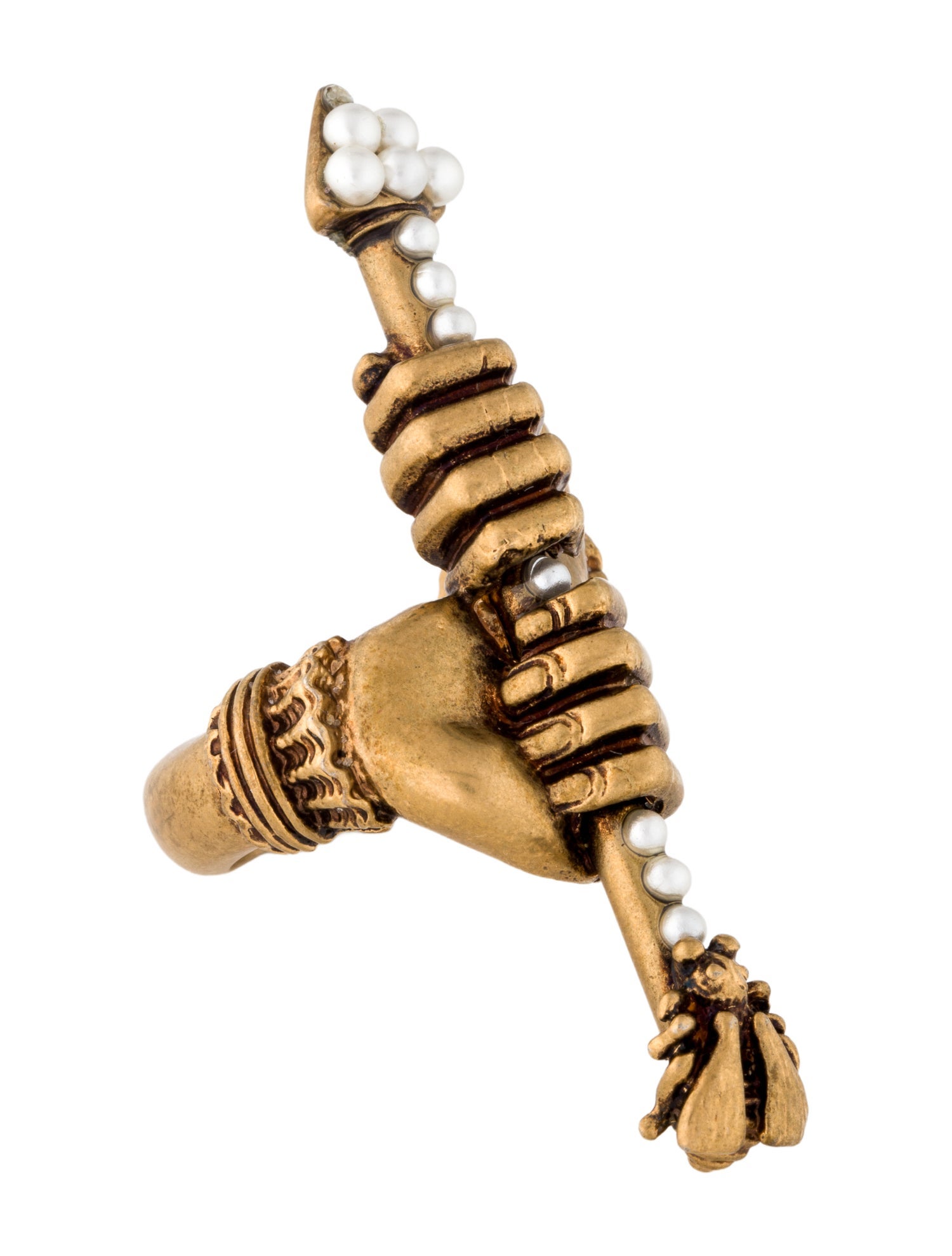Gucci Faux Pearl Hand & Arrow Cocktail Ring