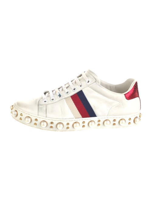 Gucci Faux Pearl Accents Leather Sneakers