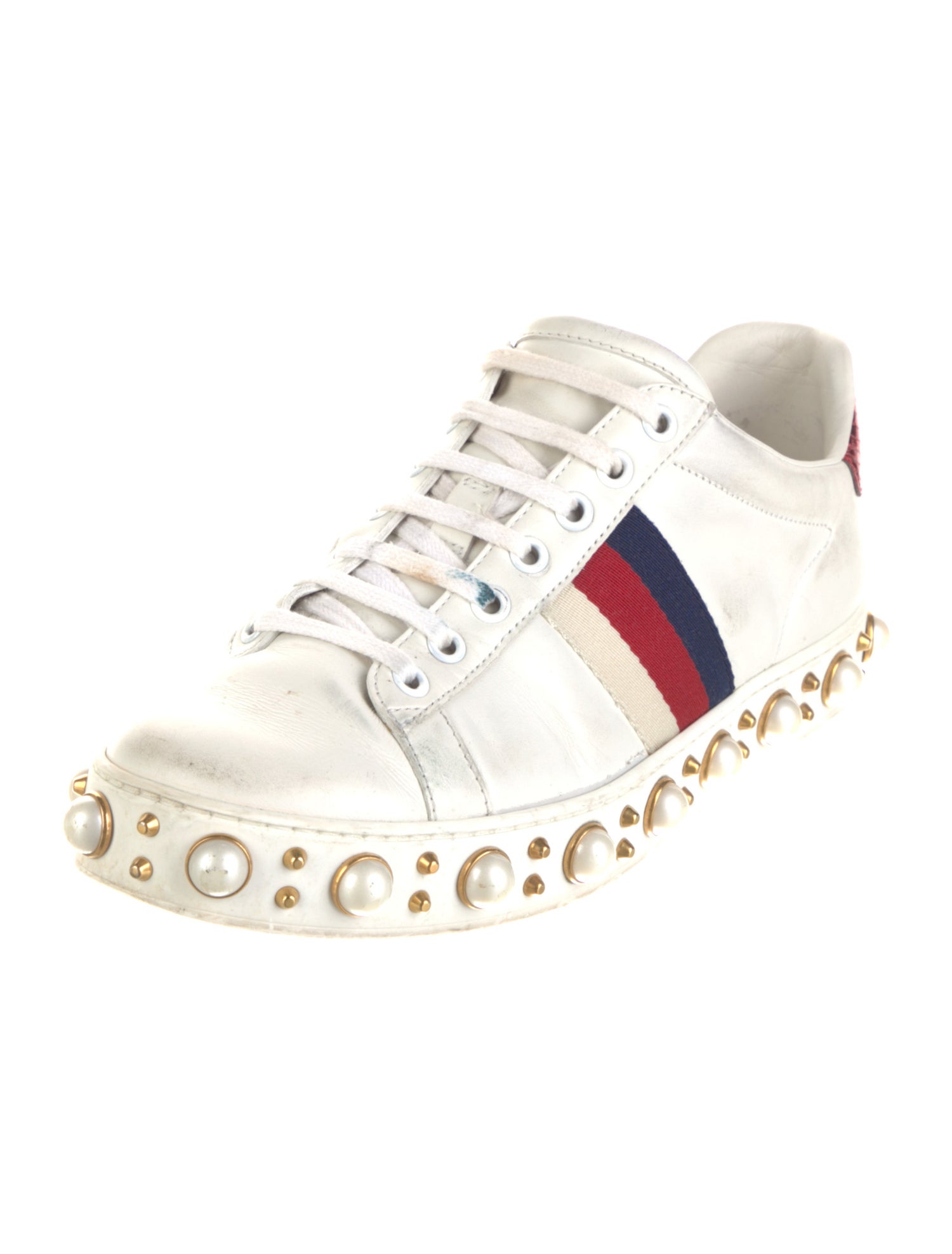 Gucci Faux Pearl Accents Leather Sneakers