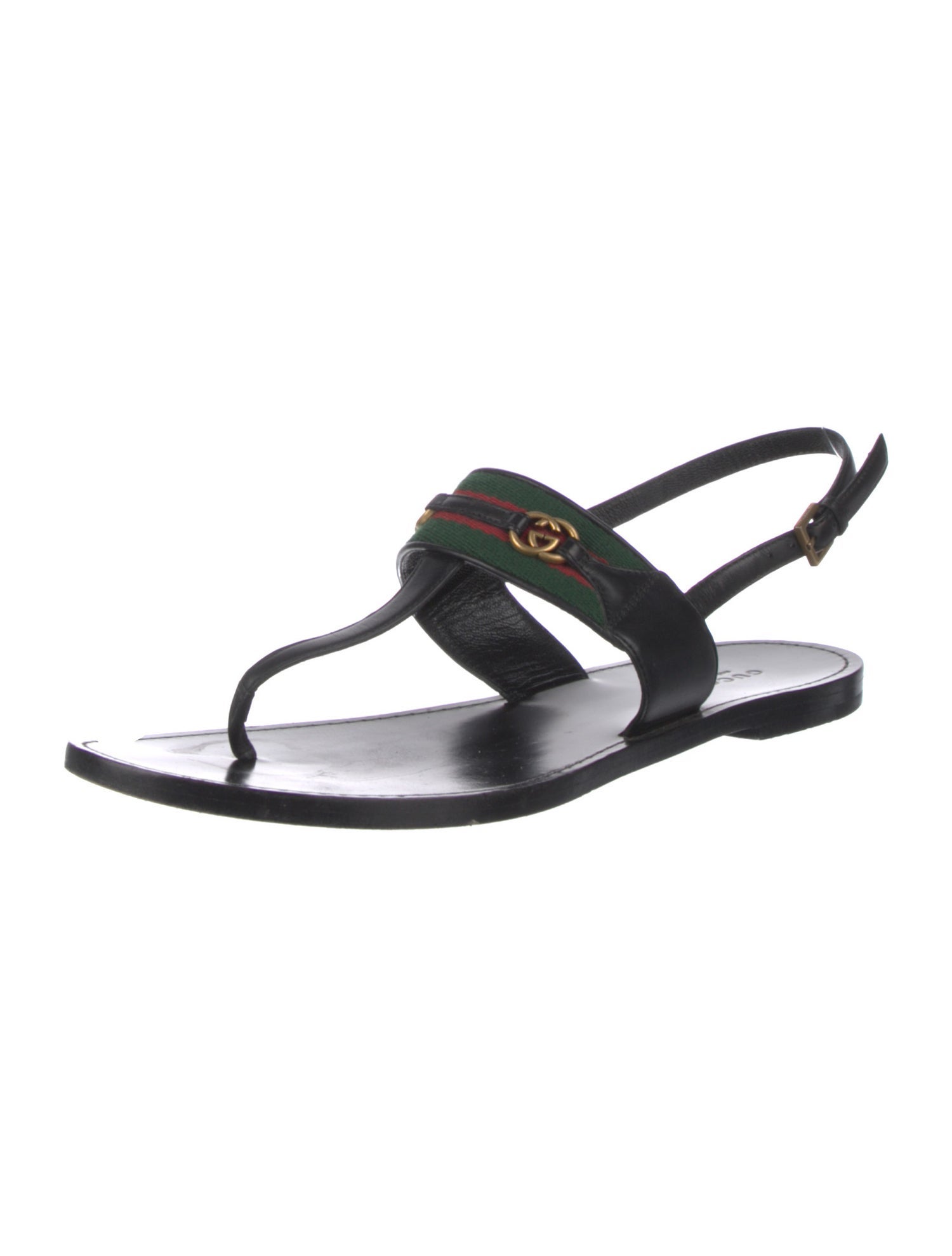 Gucci Web Accent Leather T-Strap Sandals