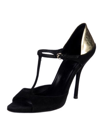 Gucci Suede Leather Trim Embellishment T-Strap Pumps