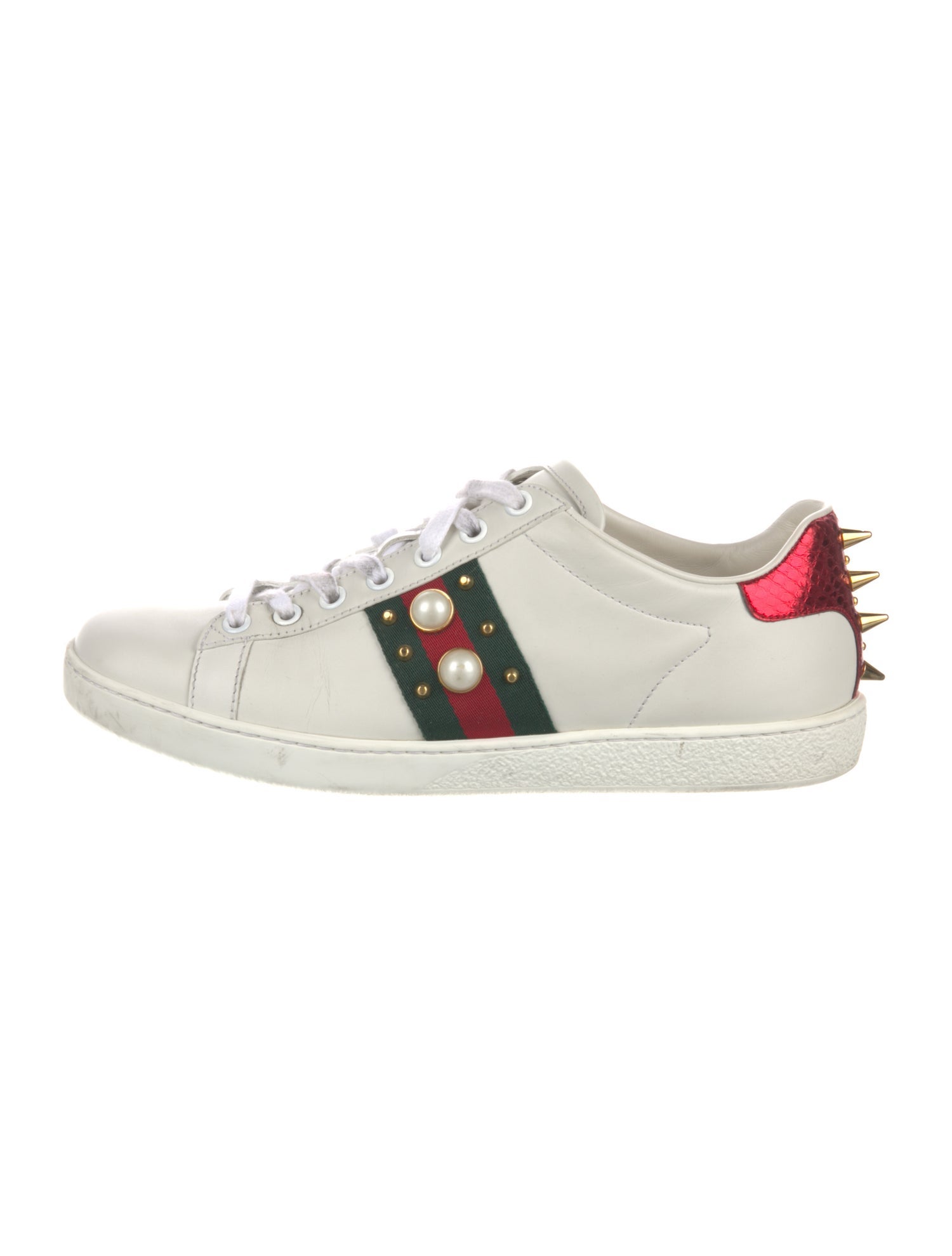 Gucci Faux Pearl Accents Leather Sneakers