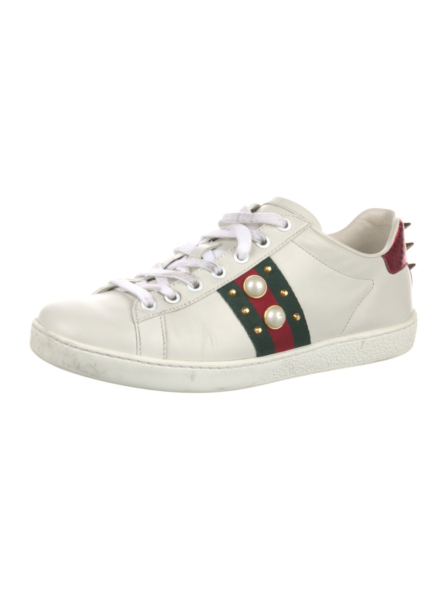 Gucci Faux Pearl Accents Leather Sneakers
