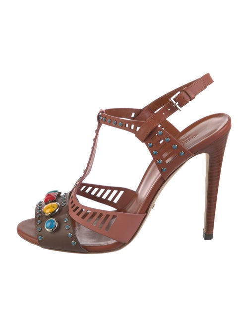 Gucci Leather Lasercut Accents T-Strap Sandals