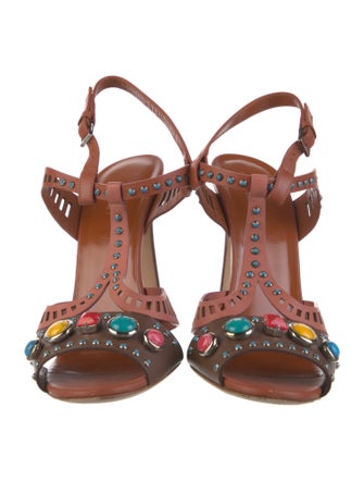 Gucci Leather Lasercut Accents T-Strap Sandals