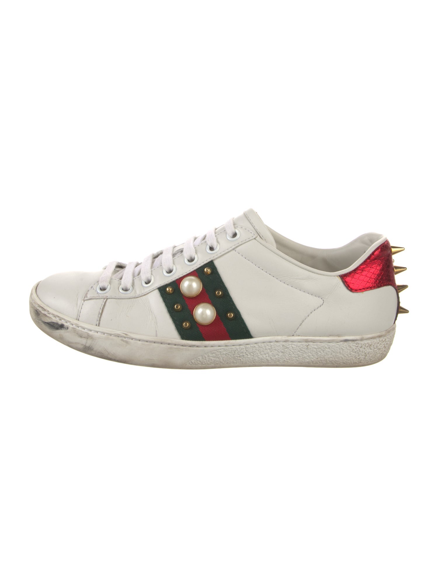 Gucci Faux Pearl Accents Leather Sneakers