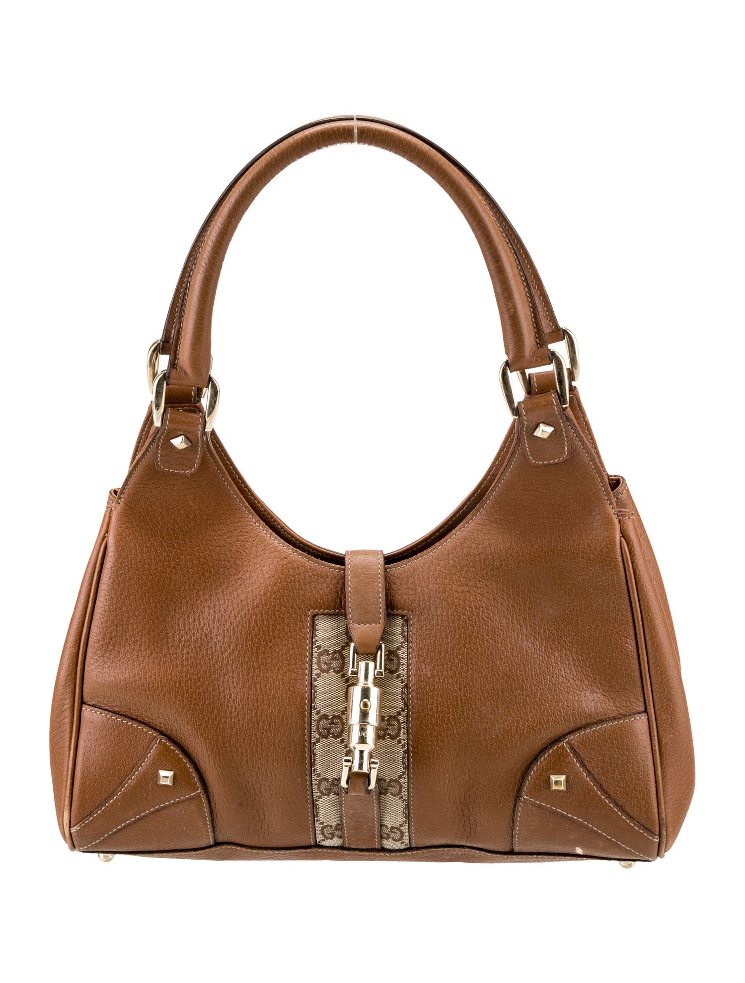 Gucci GG Canvas Brown Leather Small Nailhead Jackie Bardot Bag