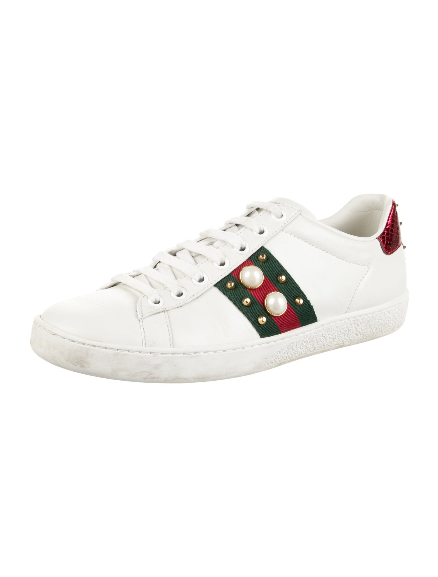 Gucci Faux Pearl Accents Leather Sneakers