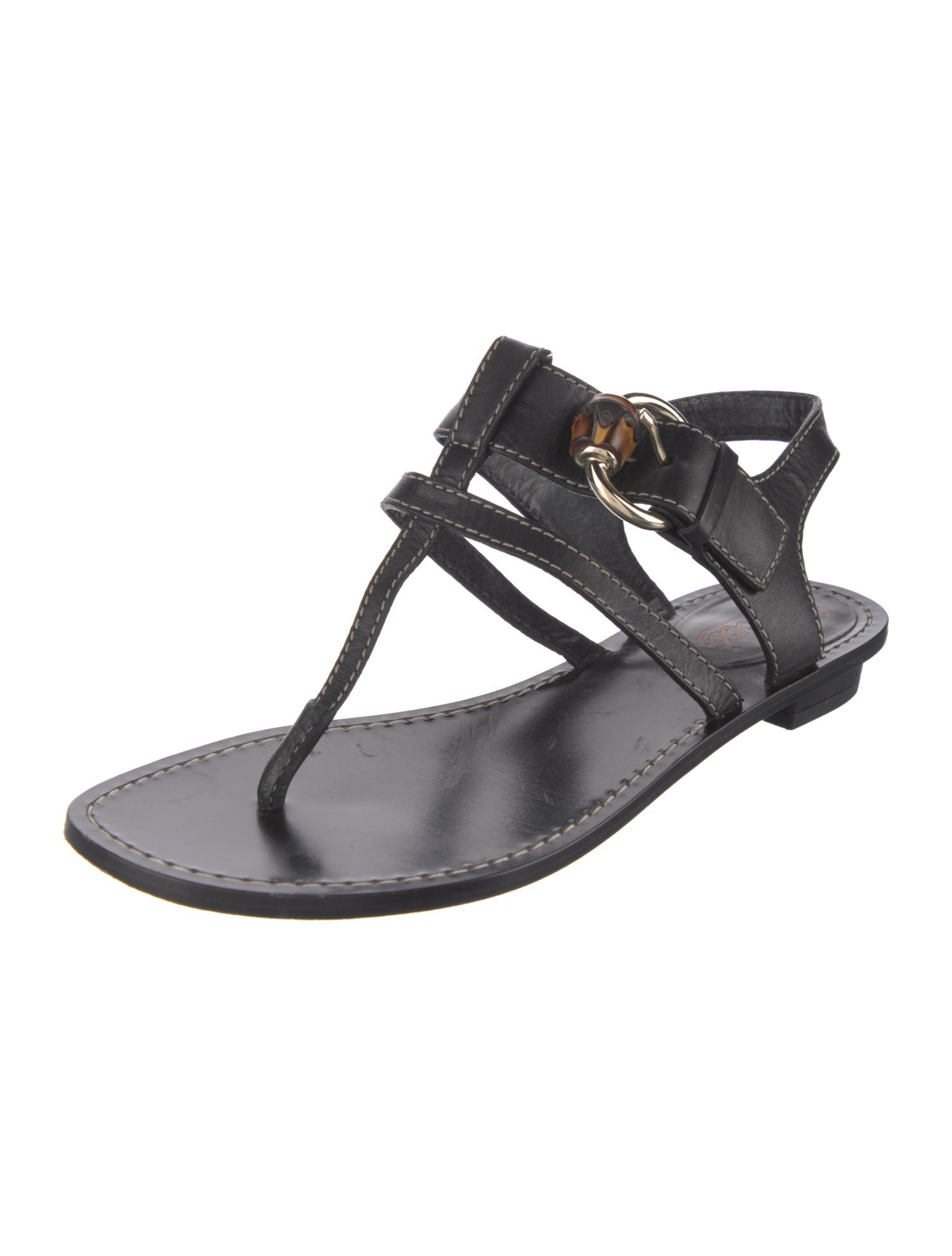 Gucci Bamboo Accent Leather T-Strap Sandals