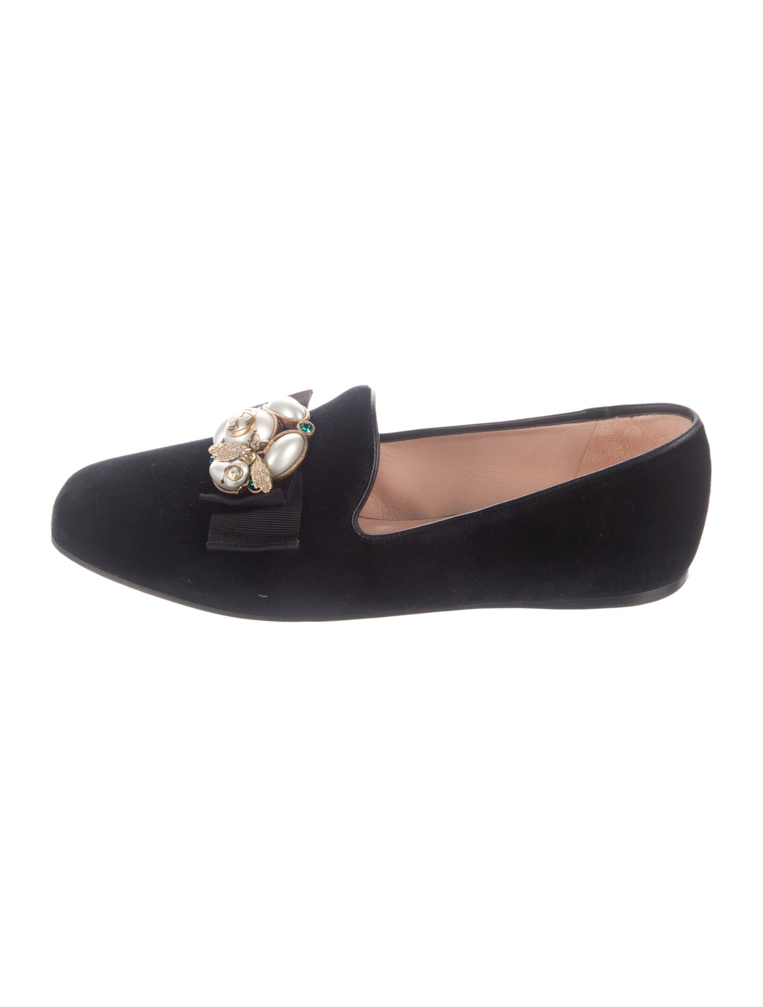 Gucci Faux Pearl Accents Velvet Loafers