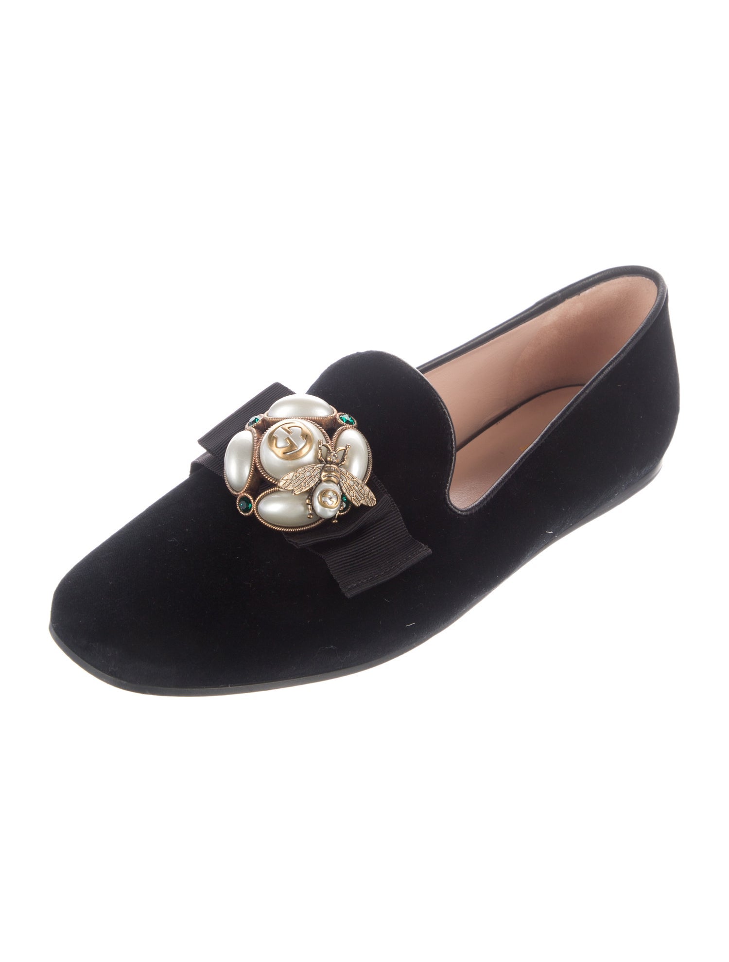 Gucci Faux Pearl Accents Velvet Loafers