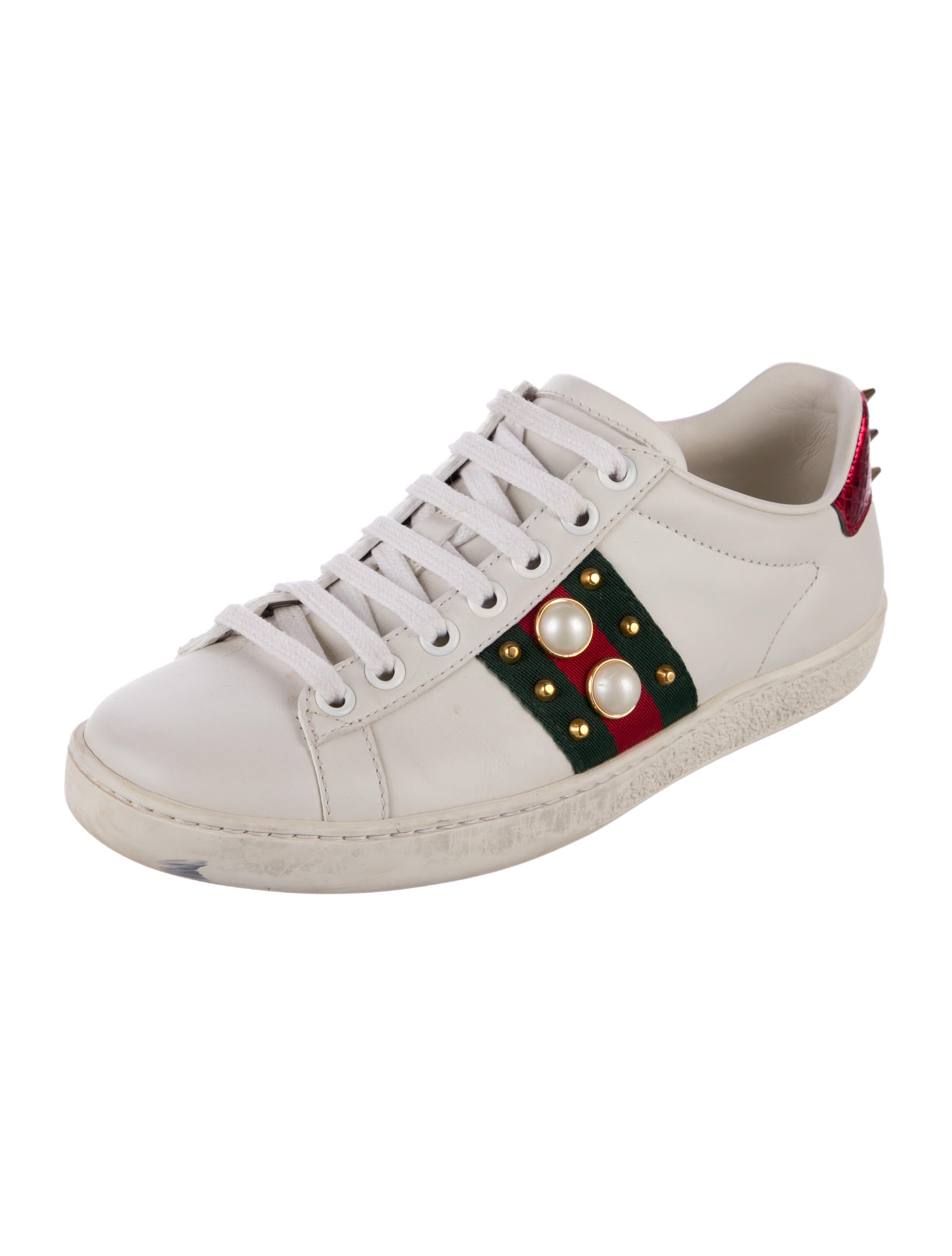 Gucci Faux Pearl Accents Leather Sneakers