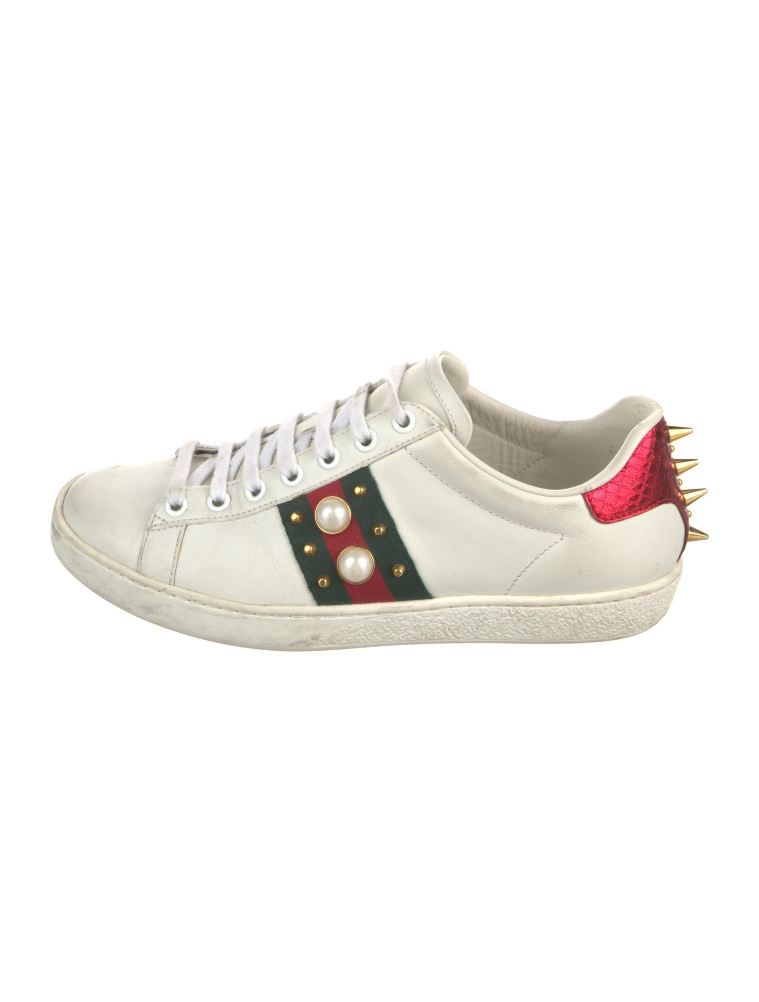 Gucci Faux Pearl Accents Leather Sneakers