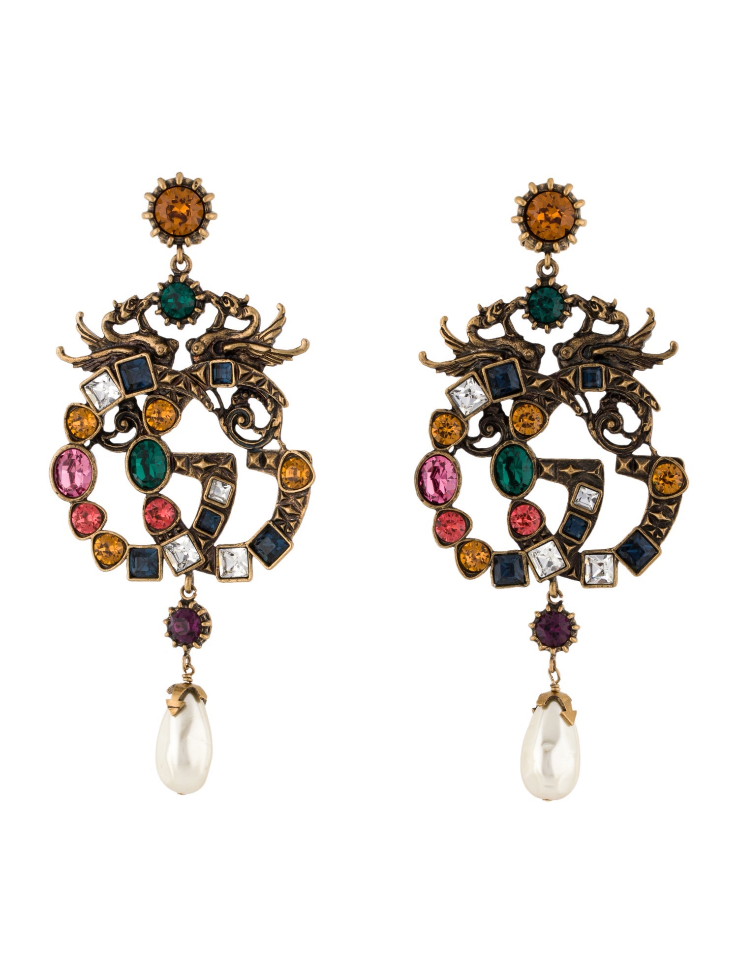 Gucci Faux Pearl & Crystal Double G Drop Clip-On Earrings