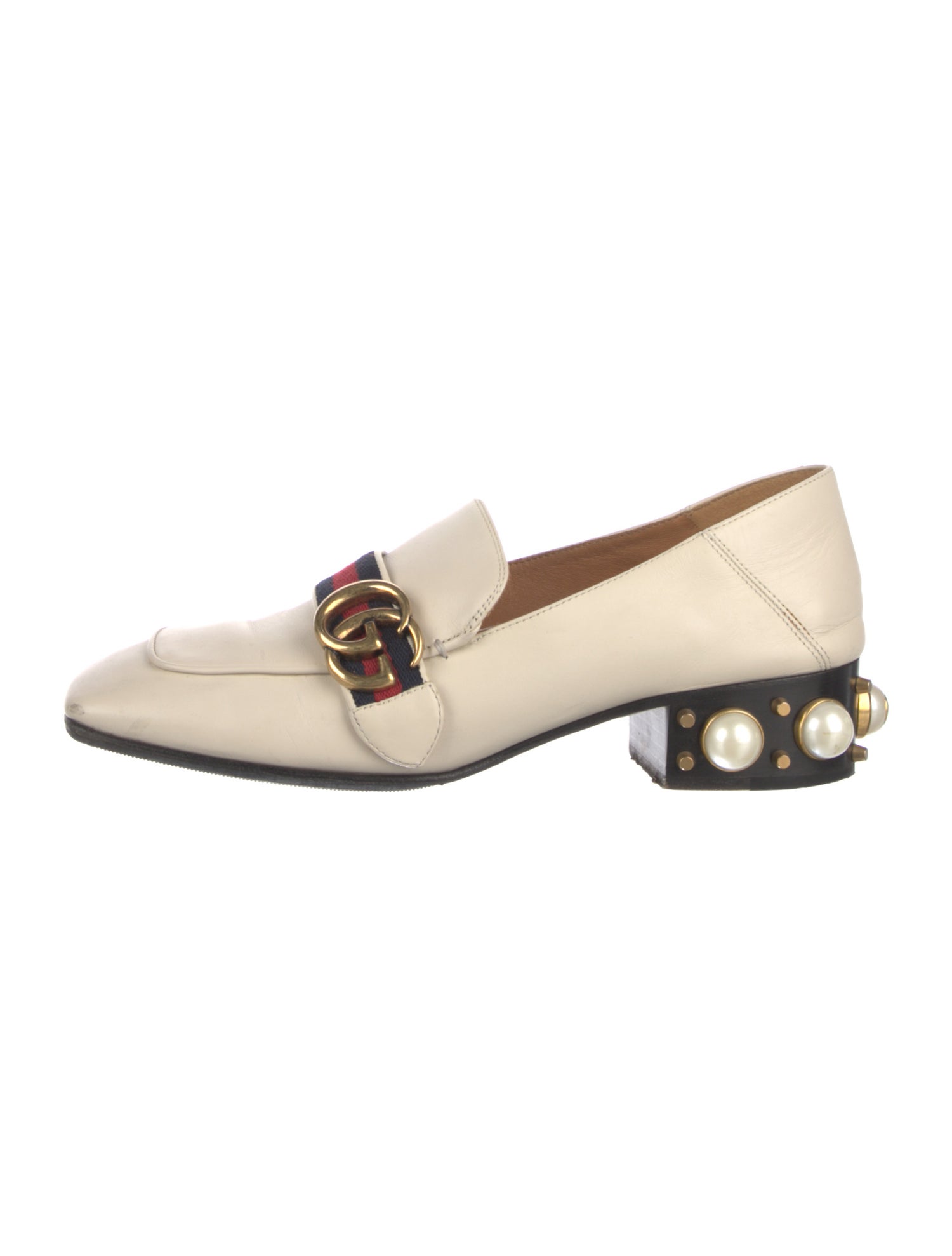 Gucci Faux Pearl Accents Leather Loafers