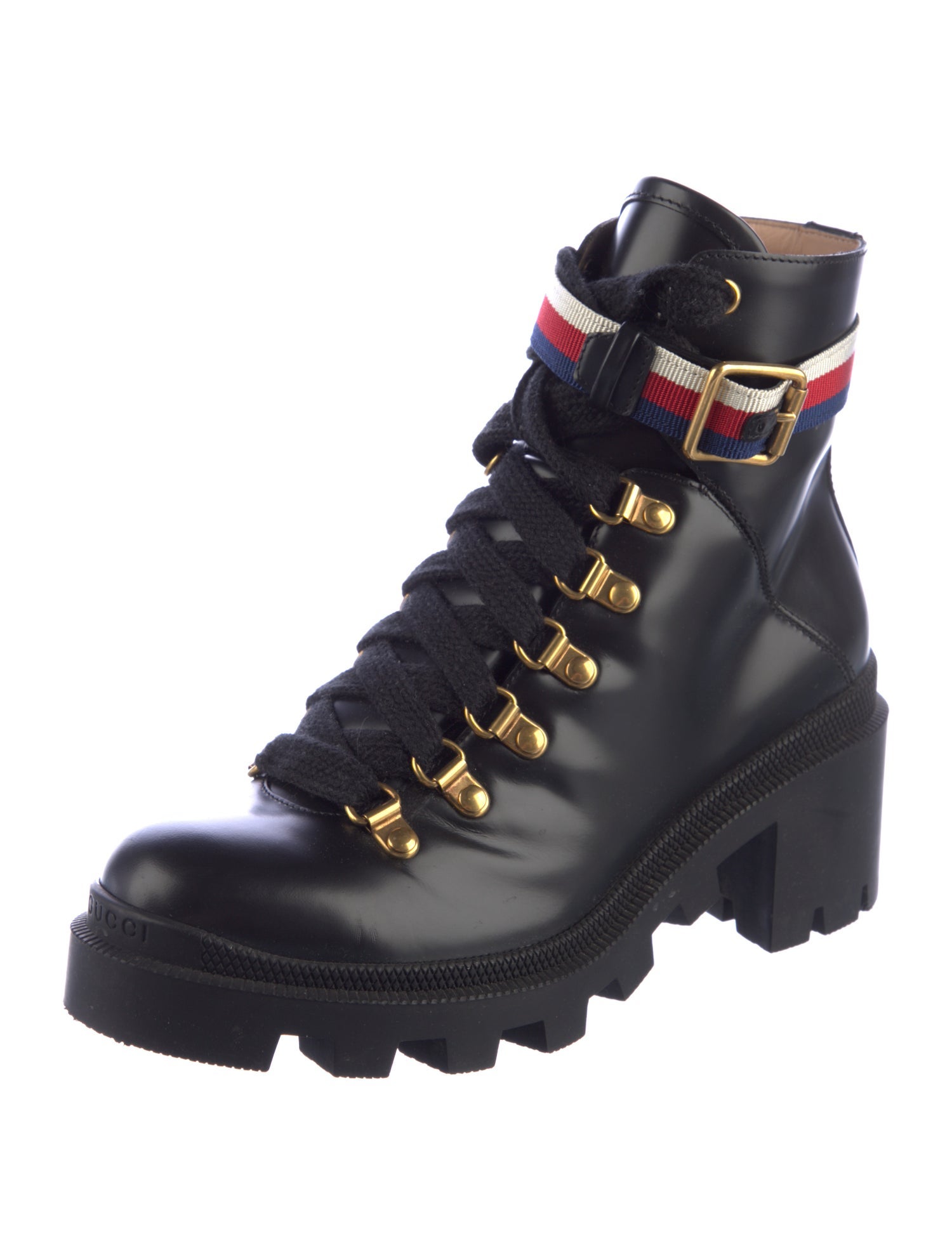 Gucci Sylvie Web Accent Leather Combat Boots