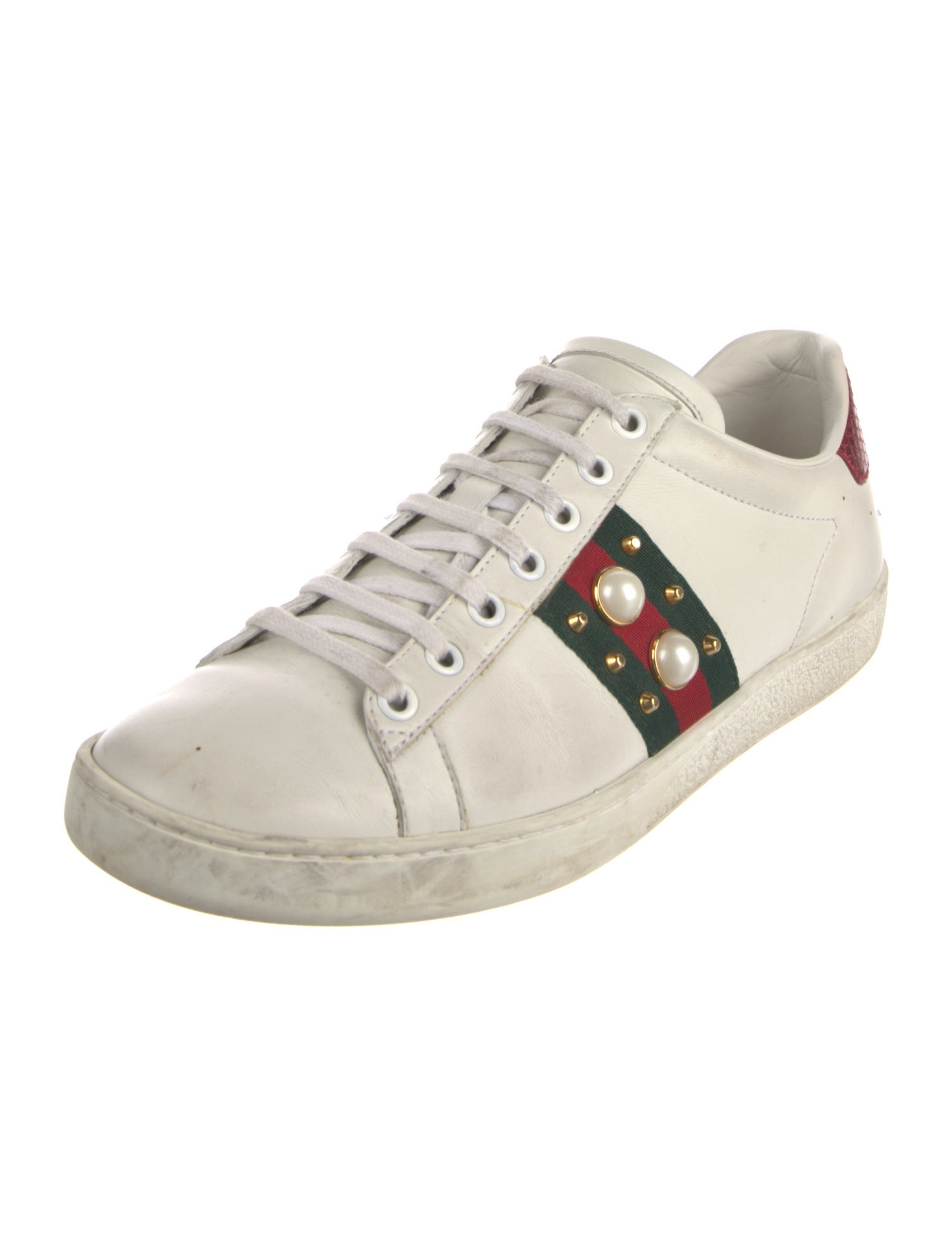 Gucci Faux Pearl Accents Leather Sneakers