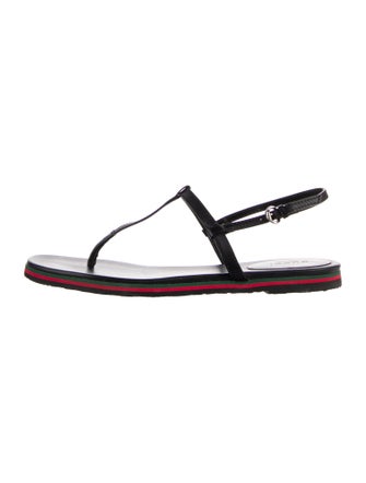 Gucci Web Accent Leather T-Strap Sandals