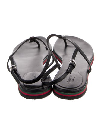 Gucci Web Accent Leather T-Strap Sandals