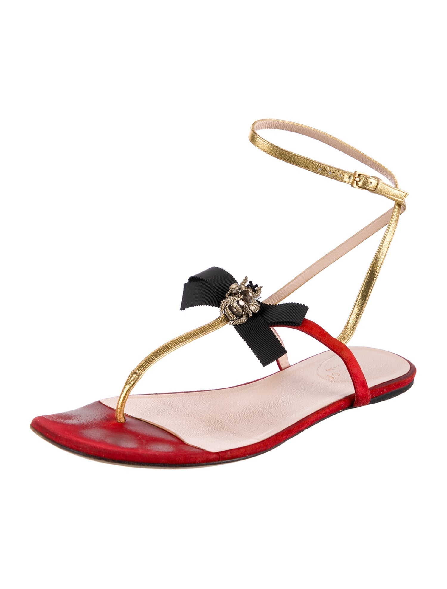 Gucci Bee Accent Leather T-Strap Sandals