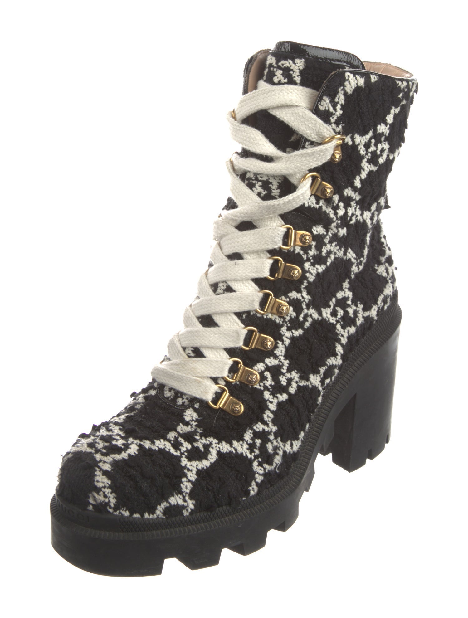 Gucci Feline Head Accent Tweed Combat Boots