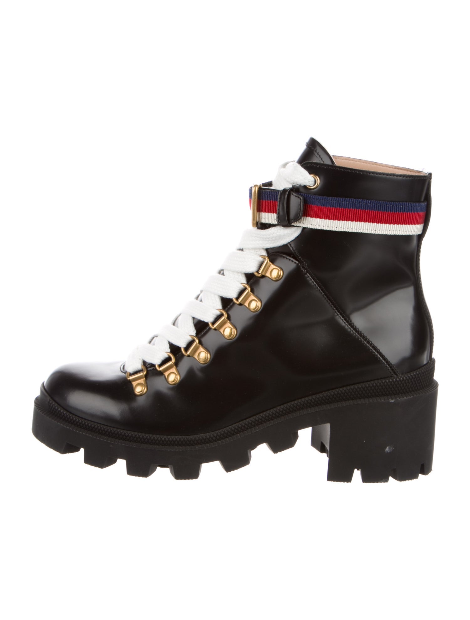 Gucci Sylvie Web Accent Patent Leather Combat Boots
