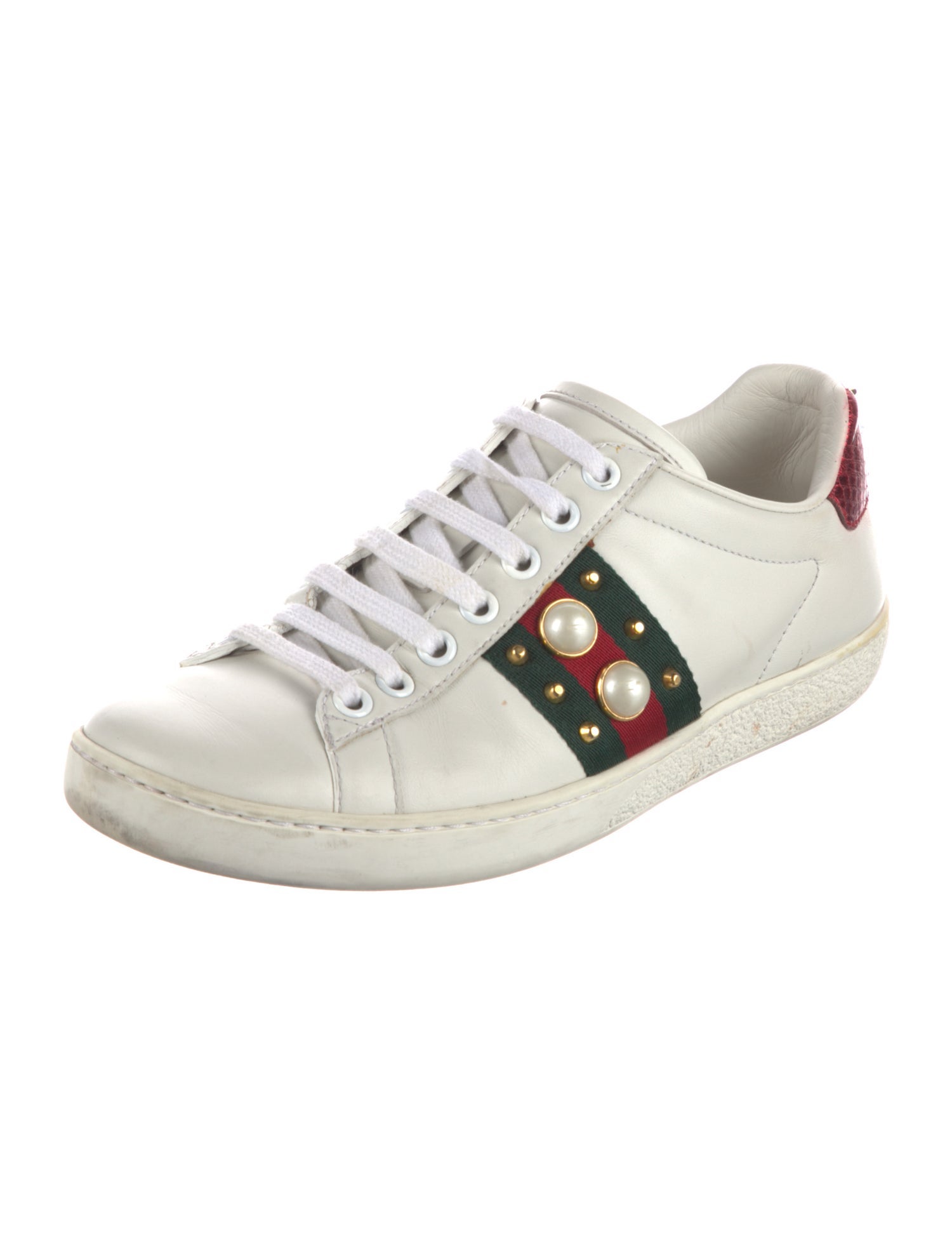 Gucci Faux Pearl Accents Leather Sneakers