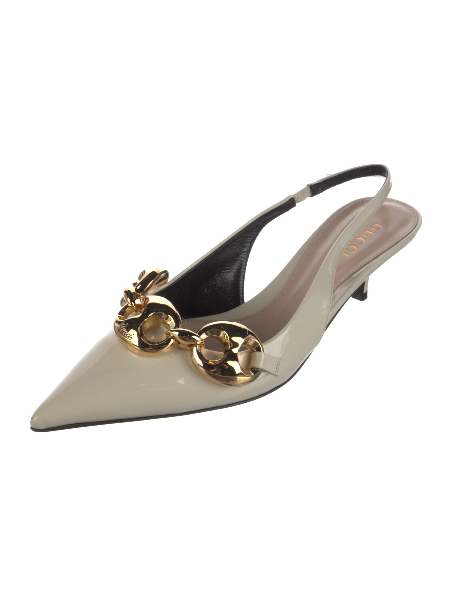 Gucci Patent Leather Chain-Link Accents Slingback Pumps