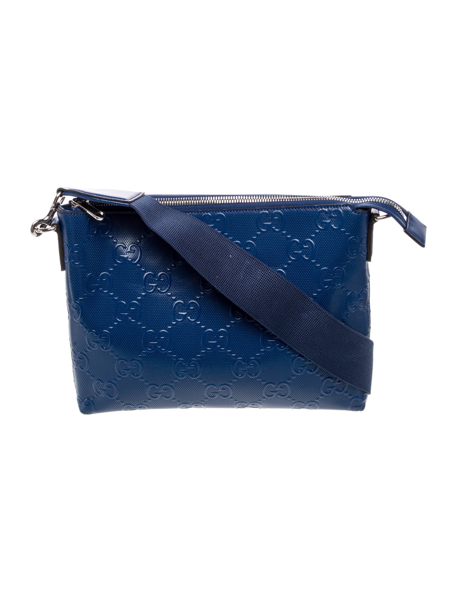 Gucci Leather Calfskin GG Tennis Embossed Medium Wristlet Messenger Bag Intense Metal Blue