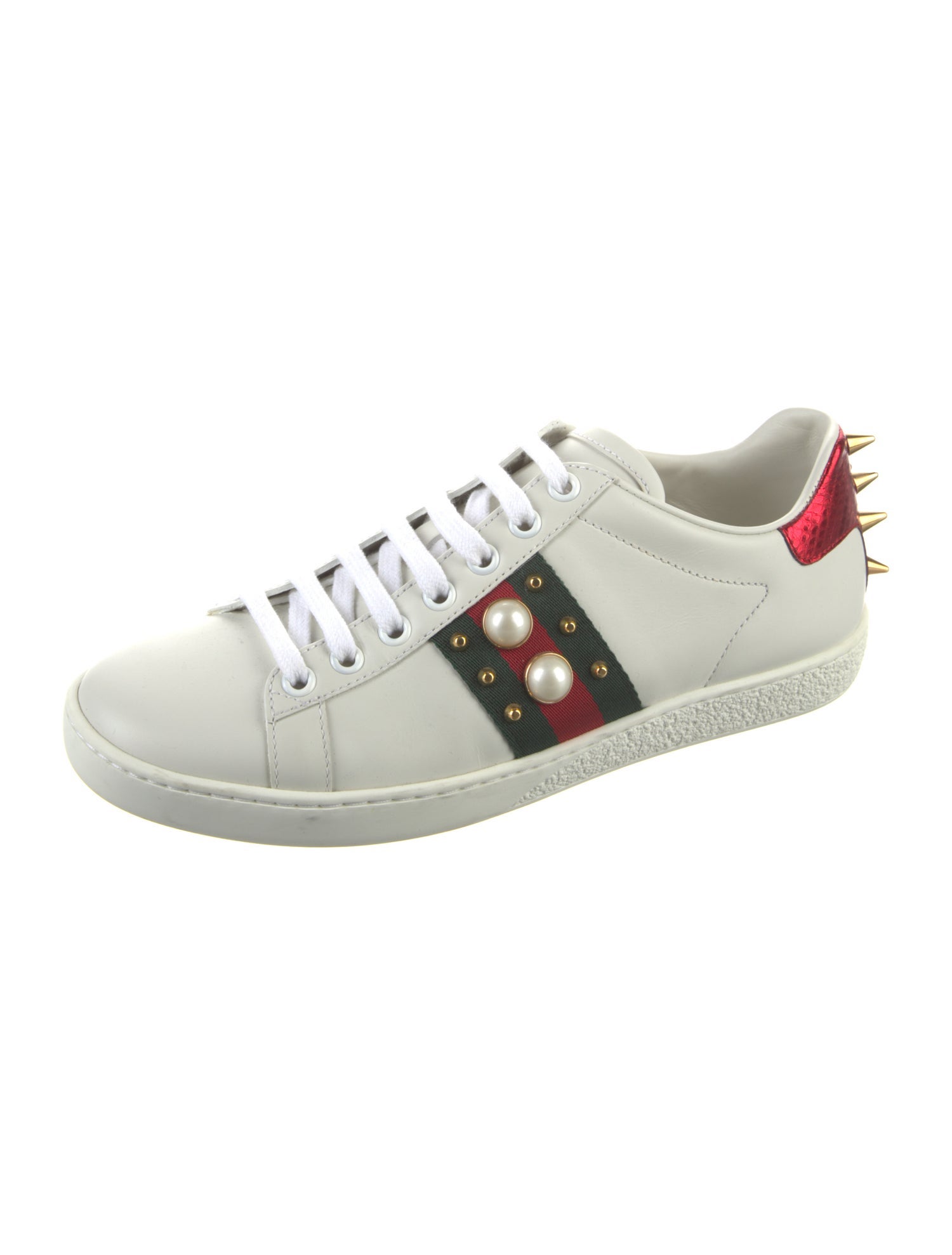 Gucci Faux Pearl Accents Leather Sneakers