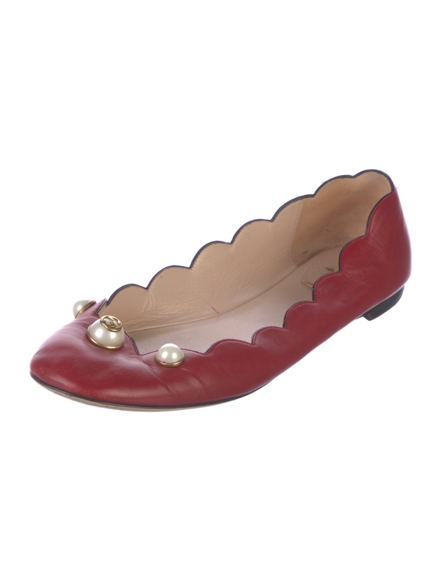 Gucci Faux Pearl Accents Leather Ballet Flats