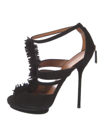 Gucci Suede Fringe Trim Accent T-Strap Sandals