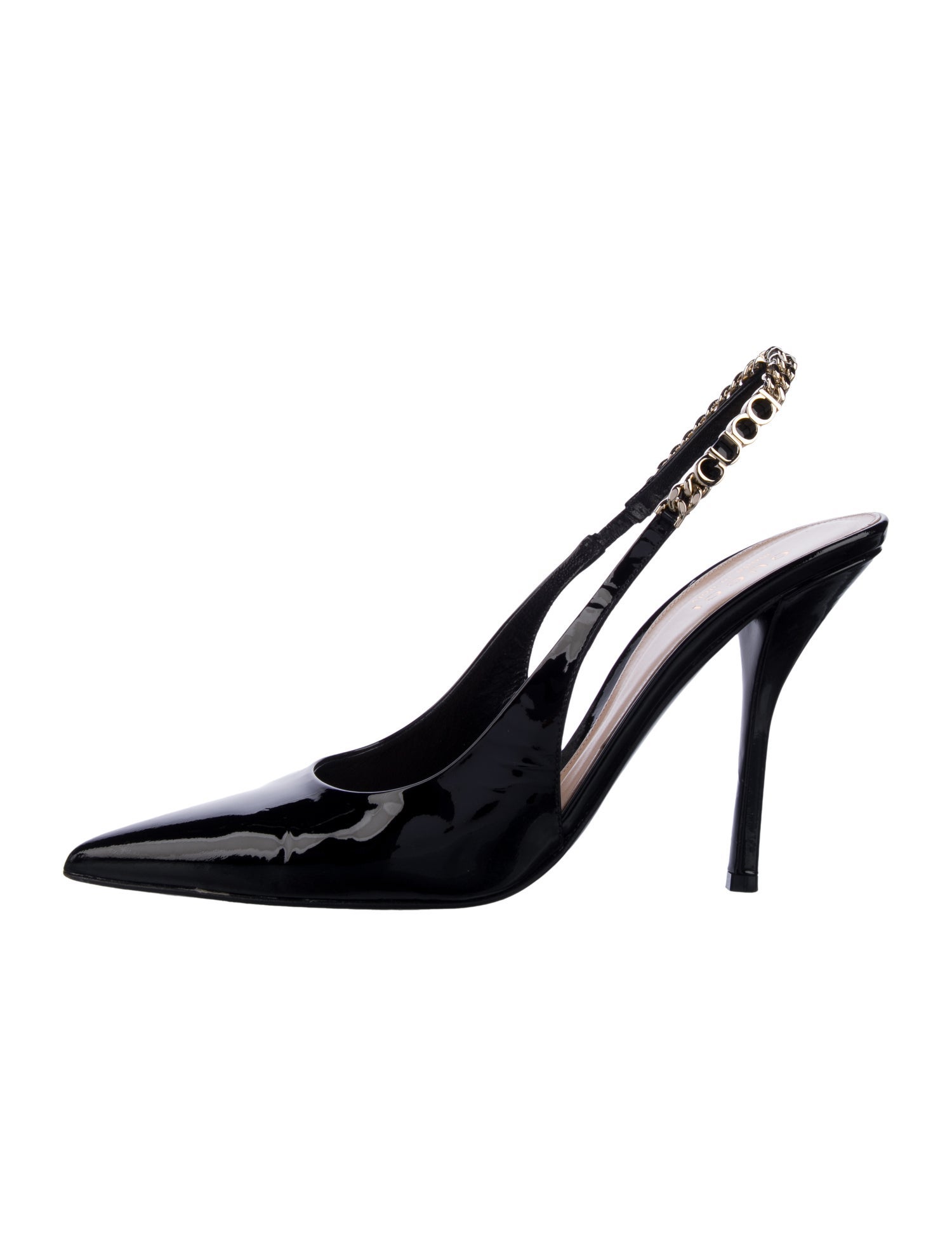 Gucci Patent Leather Chain-Link Accents Slingback Pumps