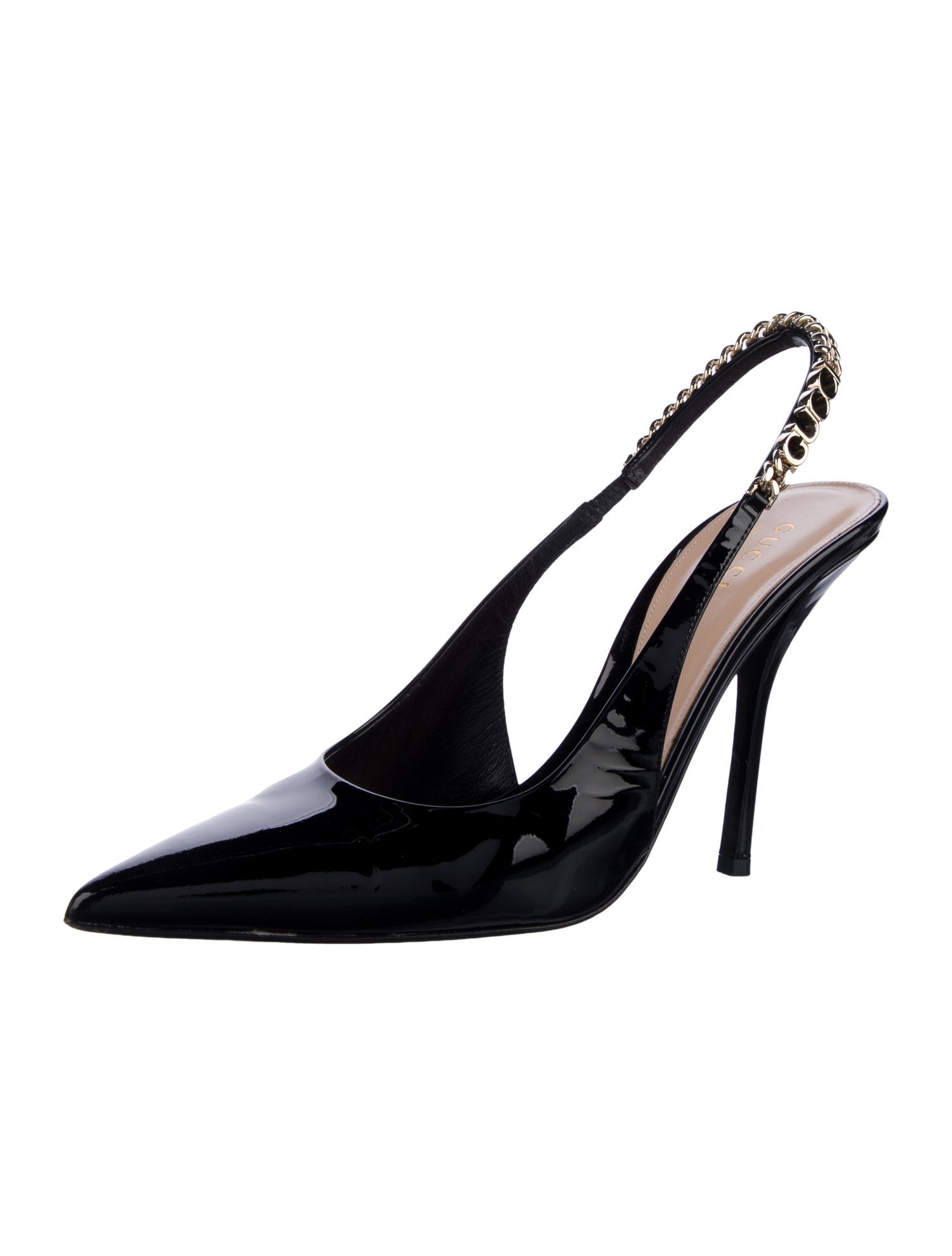 Gucci Patent Leather Chain-Link Accents Slingback Pumps