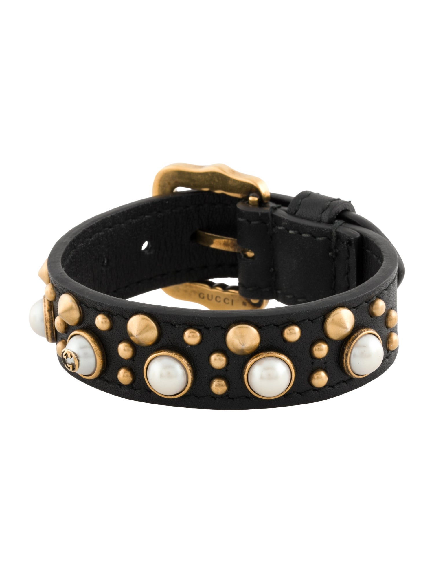 Gucci Leather & Faux Pearl Studded Wrap Bracelet