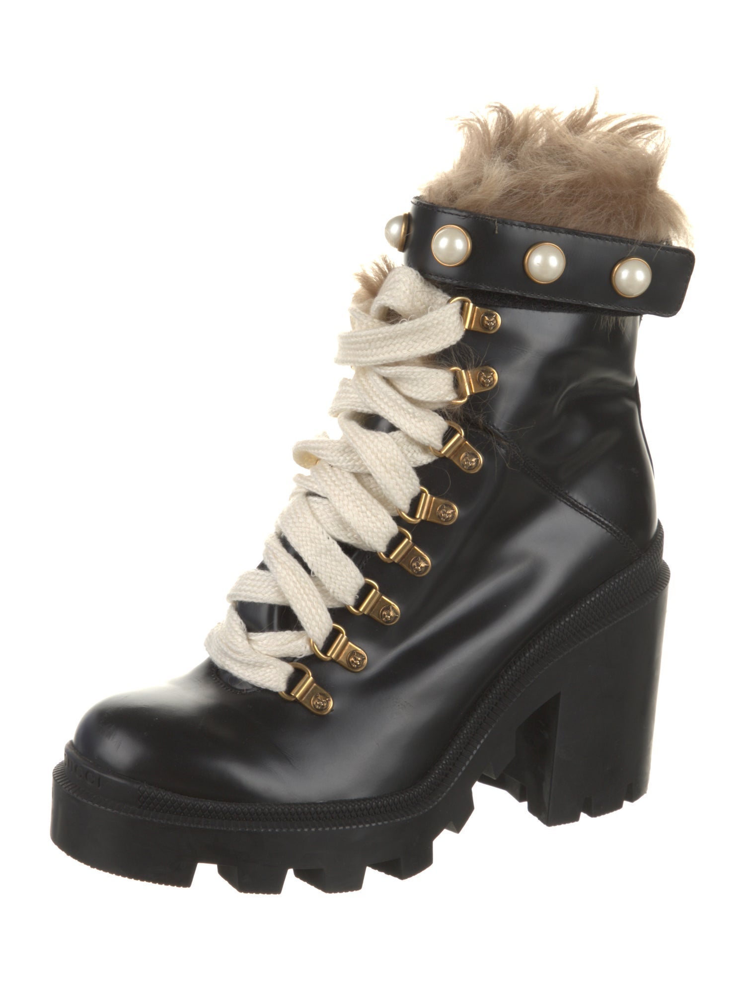 Gucci Faux Pearl Accents Leather Combat Boots