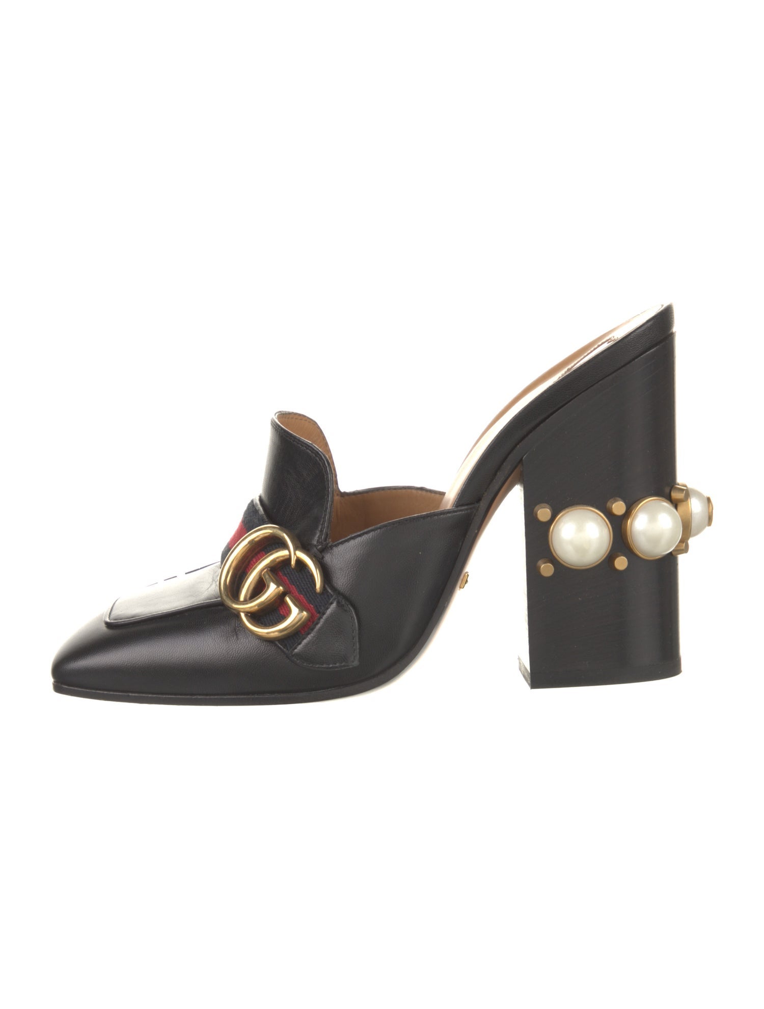 Gucci Faux Pearl Accents Leather Mules