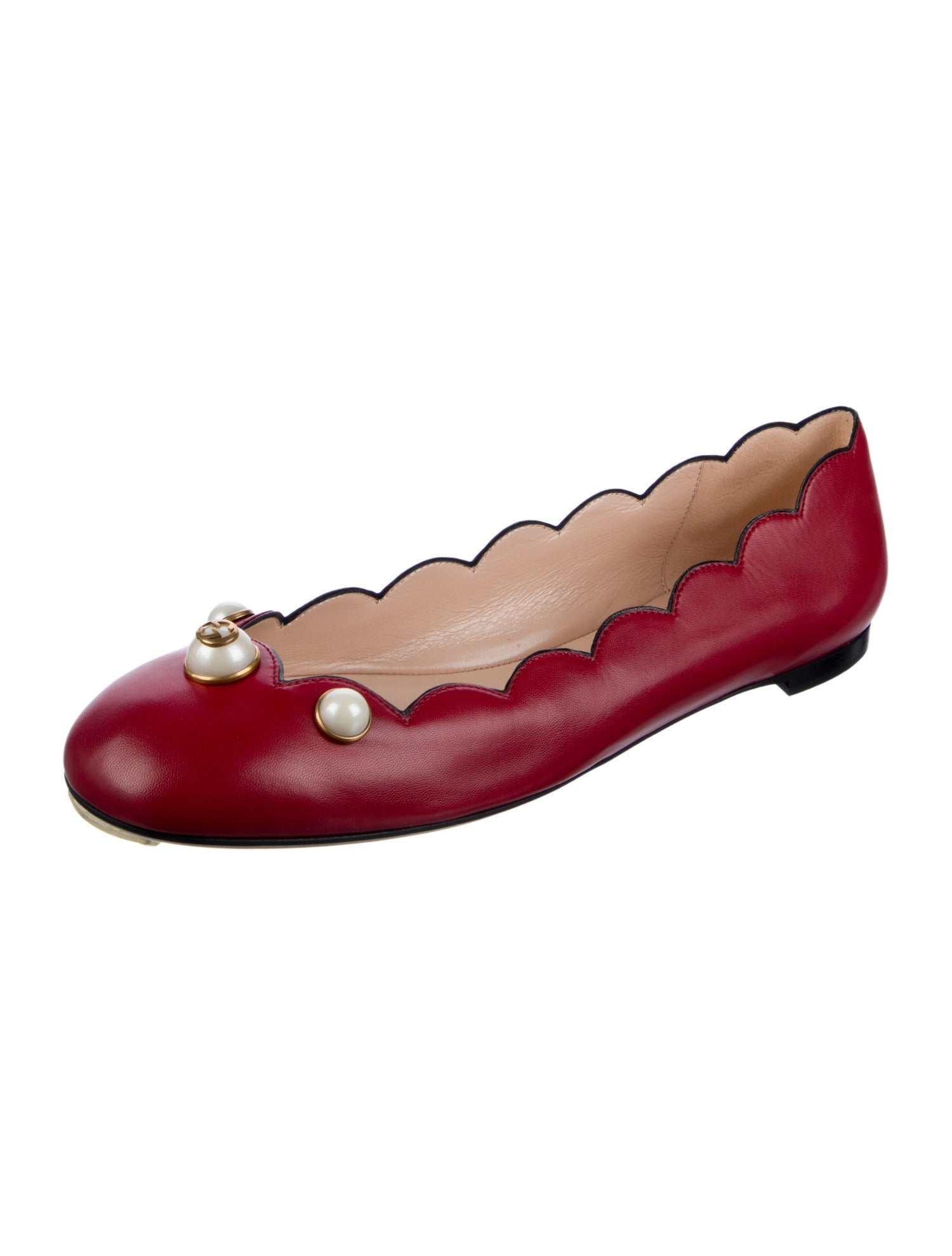 Gucci Faux Pearl Accents Leather Ballet Flats