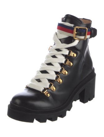 Gucci Sylvie Web Accent Leather Combat Boots