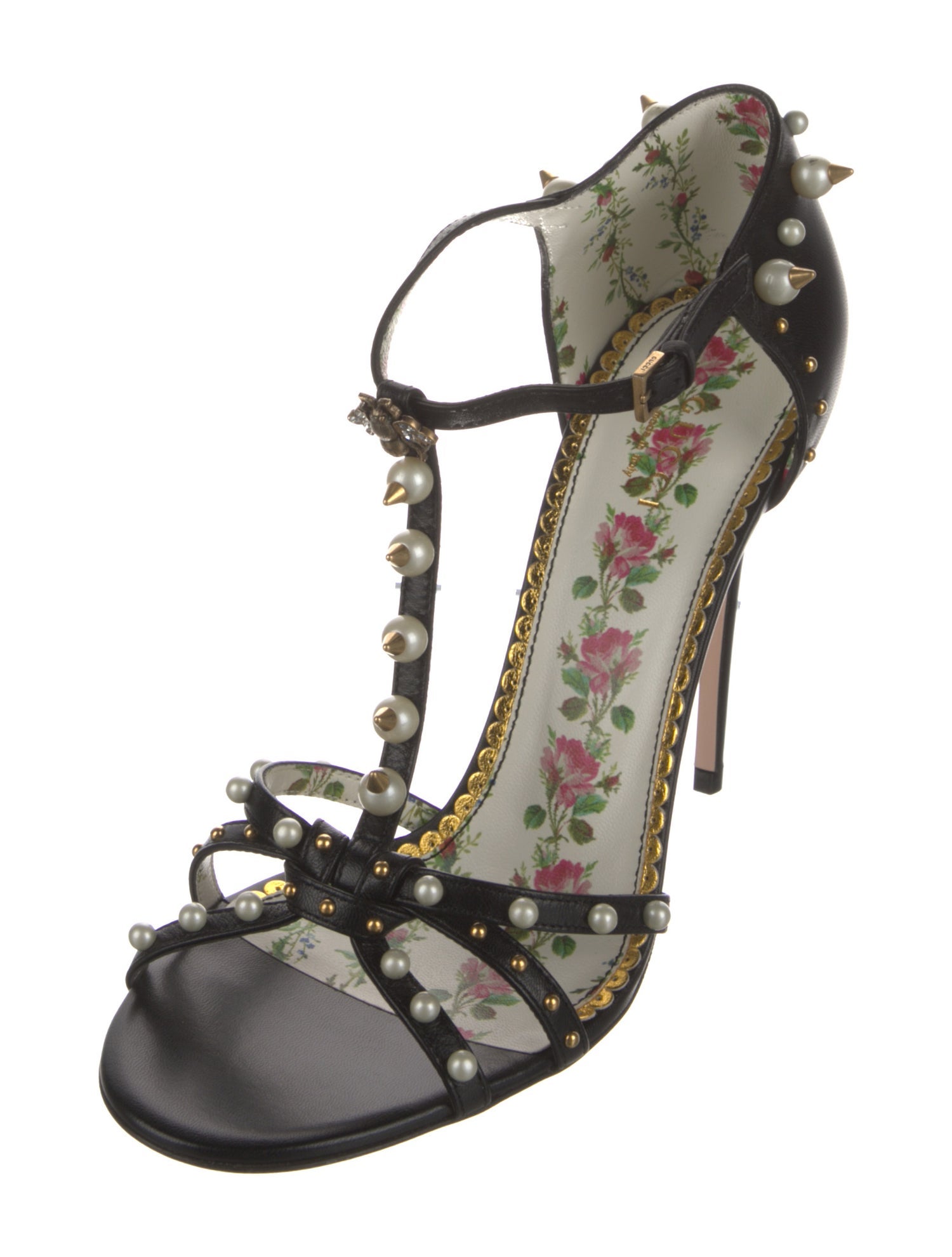 Gucci Leather Floral Print T-Strap Sandals